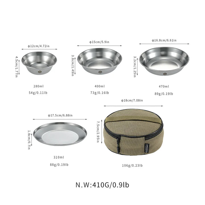 [Tableware] Campingmoon S395-1S; Stainless Steel Camping Plates Set, Dishwasher Safe