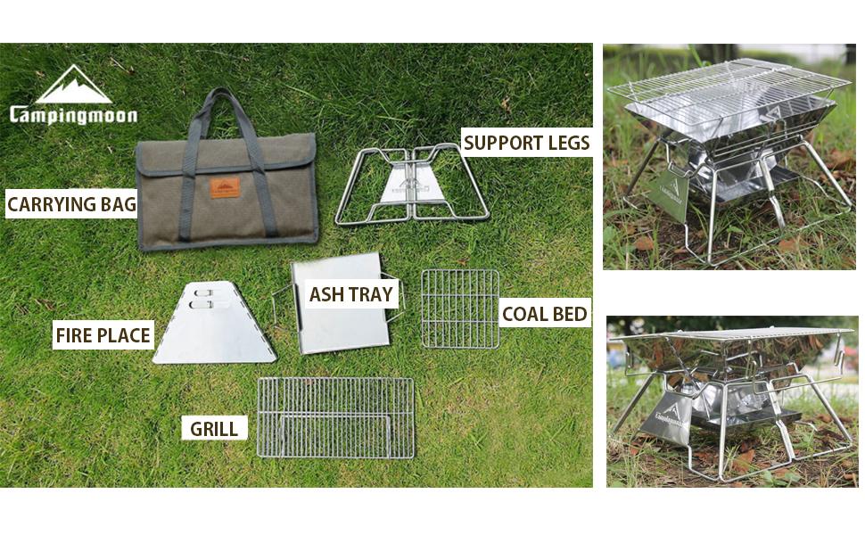 [Grill & Fire Pit] Campingmoon MT-2; Portable Stainless Steel Camping Grill, Foldable, 14-Inch