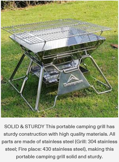 [Grill & Fire Pit] Campingmoon MT-2; Portable Stainless Steel Camping Grill, Foldable, 14-Inch