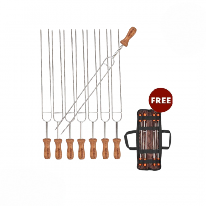 [Cookware Accessory] Campingmoon MK-8; 8pcs Set 13.8-inch Long Stainless Steel Double Prong BBQ Skewers with Wood Handle and Storage Bag