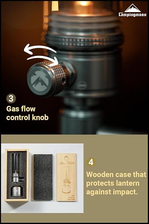 [Heater & Lantern] Campingmoon T-1D15; Camping Gas Lantern, Wooden Case Gas Candle with Empty Tank