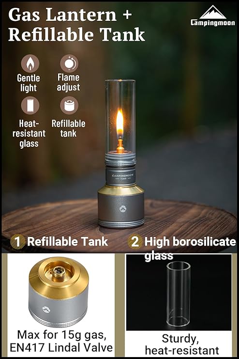 [Heater & Lantern] Campingmoon T-1D15; Camping Gas Lantern, Wooden Case Gas Candle with Empty Tank