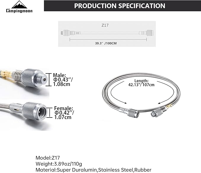 [Accessory] Campingmoon Z17; Camping Gas Canister Head Adapter Gas Hose for EN417 Lindal Valve Screw-on Type Canister and Device (39.37-inch Length)