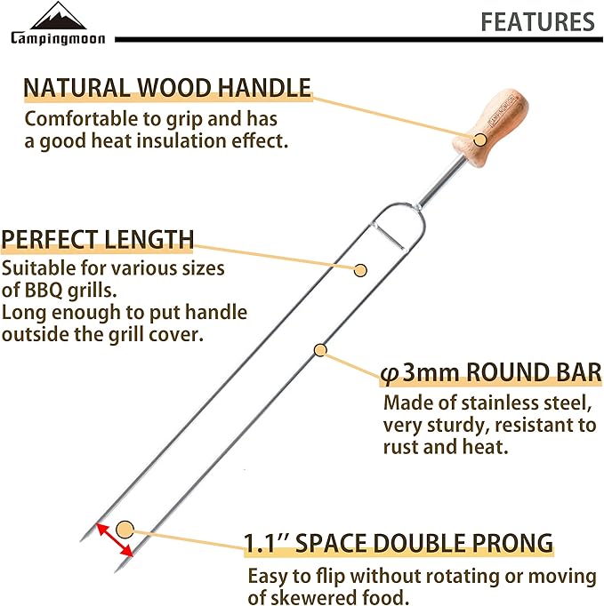 [Cookware Accessory] Campingmoon MK-8; 8pcs Set 13.8-inch Long Stainless Steel Double Prong BBQ Skewers with Wood Handle and Storage Bag