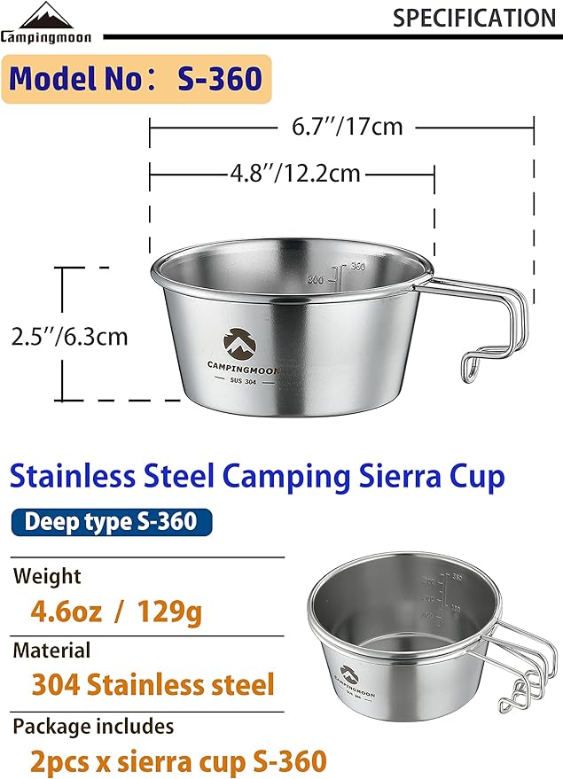 [Cookware] Campingmoon S360; 2pcs Set Stainless Steel Deep Type Camping Sierra Cup 450ml
