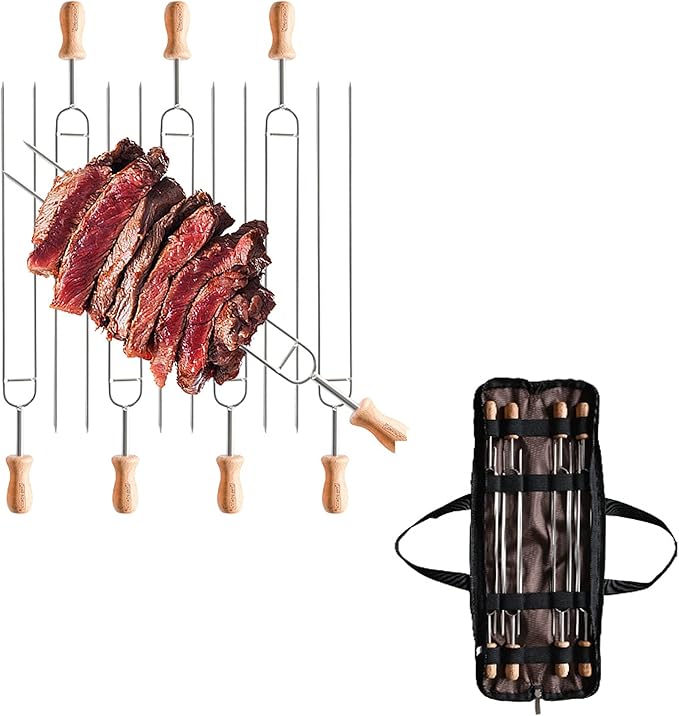 [Cookware Accessory] Campingmoon MK-8; 8pcs Set 13.8-inch Long Stainless Steel Double Prong BBQ Skewers with Wood Handle and Storage Bag