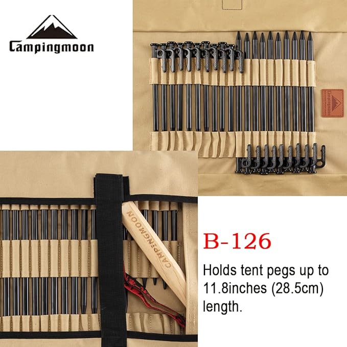 [Tent Tools] Campingmoon B-126; Tent Storage Bag, Can Holds 20 of The Long Tent Stakes, Thickened Canvas Can Withstand Tent Stakes Heavy Duty
