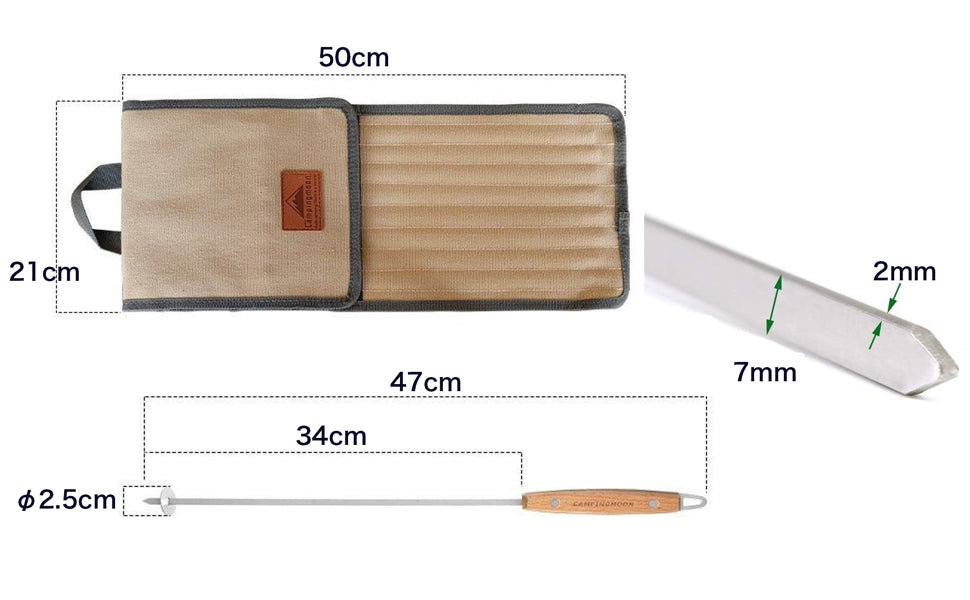 [Cookware Accessory] Campingmoon K480; Outdoor Camping Barbecue Storage Bag with 8 Wooden Handles and 304 Stainless Steel Barbecue Flat Skewers