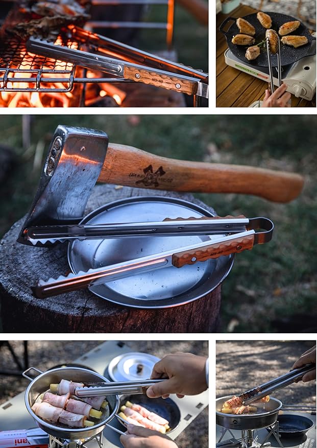 [Cookware Accessory] Campingmoon MS-40; Alligator Wood Clip Outdoor BBQ Grill Stainless Steel Tong Premium Teak Wood Heat Resistant Handle Camping Picnic Charcoal Grilling Equipment Utensil
