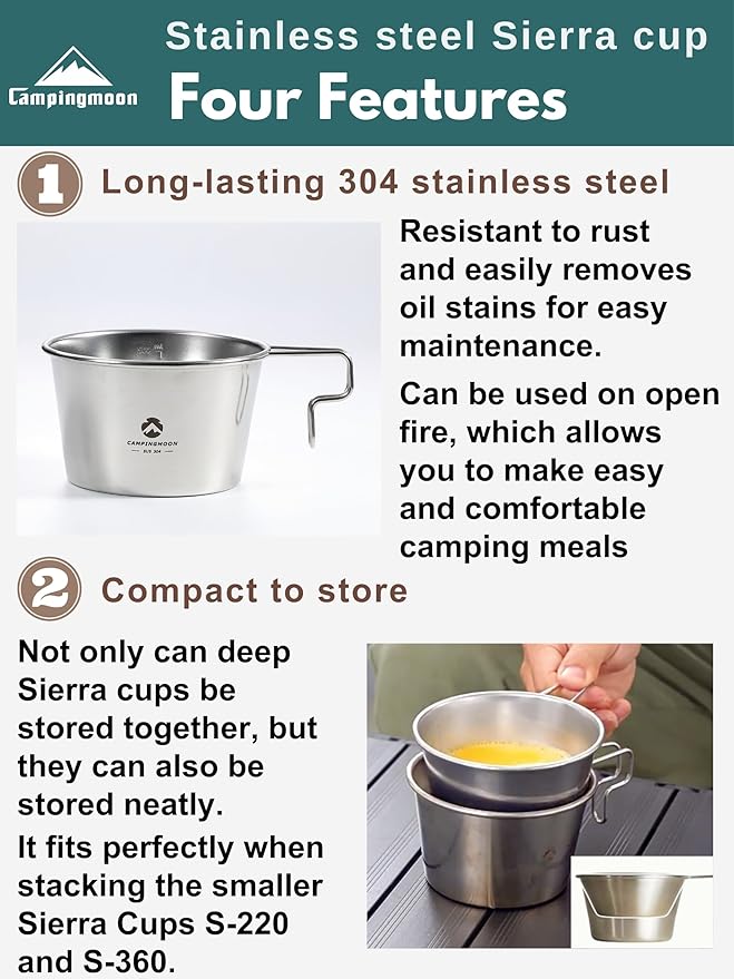[Cookware] Campingmoon S369; Deep Sierra Cup 600ml Outdoor Camping Stainless Steel Sierra Cup Deep