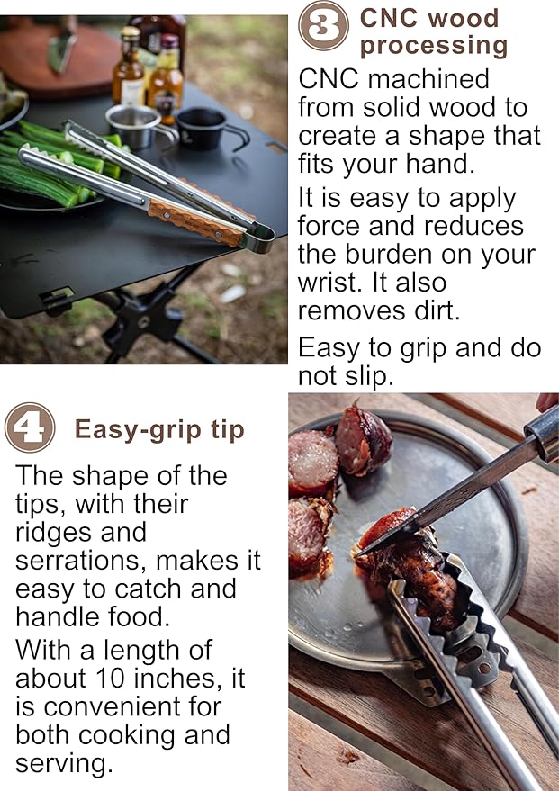 [Cookware Accessory] Campingmoon MS-40; Alligator Wood Clip Outdoor BBQ Grill Stainless Steel Tong Premium Teak Wood Heat Resistant Handle Camping Picnic Charcoal Grilling Equipment Utensil