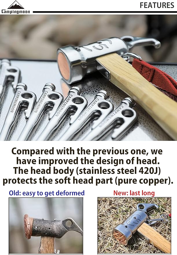 [Tent Tools] Campingmoon C5; Rhino Camping Hammer Portable Lightweight Multi-Purpose Stainless Steel Copper Head Solid Wood Handle Tent Peg Stakes Ground Nail