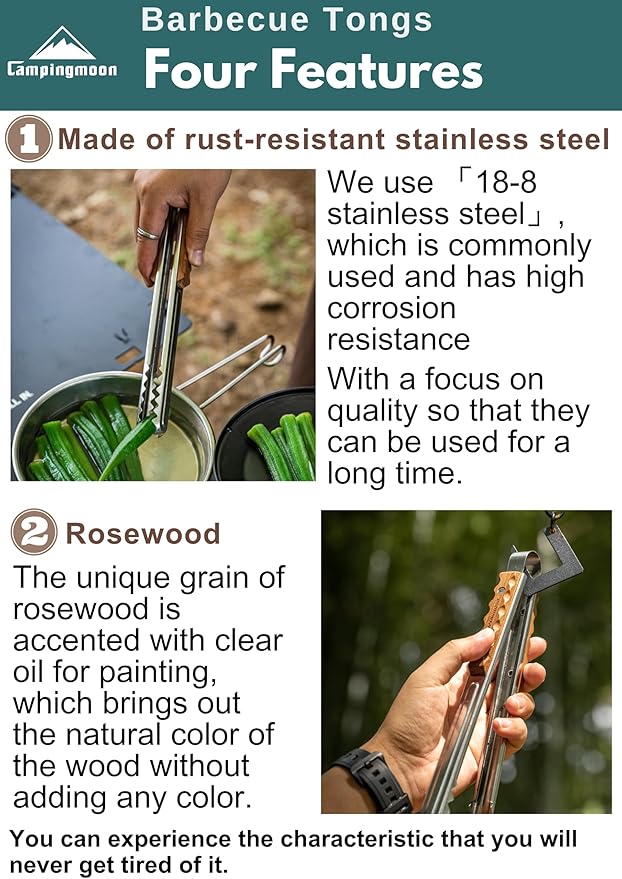 [Cookware Accessory] Campingmoon MS-40; Alligator Wood Clip Outdoor BBQ Grill Stainless Steel Tong Premium Teak Wood Heat Resistant Handle Camping Picnic Charcoal Grilling Equipment Utensil