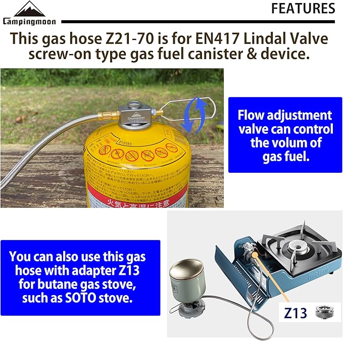 [Accessory] Camping Moon Z21-70; 27.6-inch Multi-Function Gas Hose for EN417 Lindal Valve Screw-on Type Canister and Device