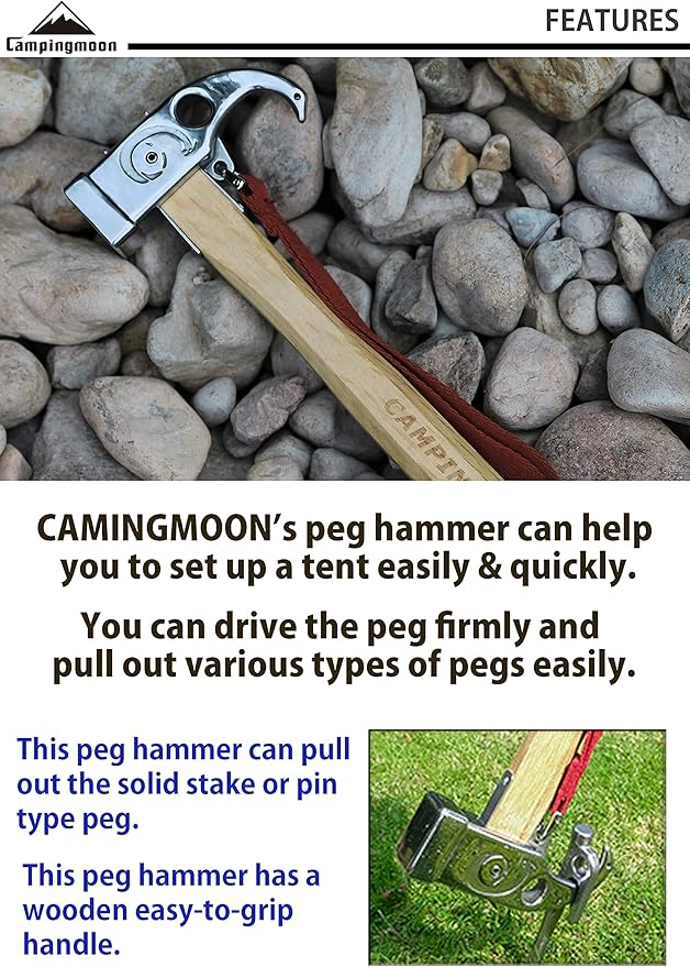 [Tent Tools] Campingmoon C6; Camping Hammer Peg Tent Stake Hammer Stainless Steel Head Wood Hand with Tent Tarp Stake Remover