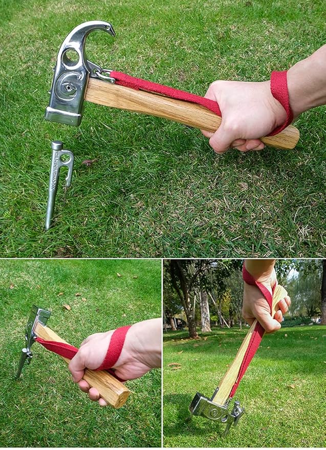 [Tent Tools] Campingmoon C6; Camping Hammer Peg Tent Stake Hammer Stainless Steel Head Wood Hand with Tent Tarp Stake Remover