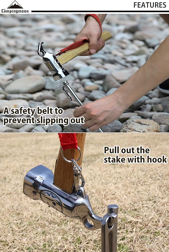 [Tent Tools] Campingmoon C6; Camping Hammer Peg Tent Stake Hammer Stainless Steel Head Wood Hand with Tent Tarp Stake Remover