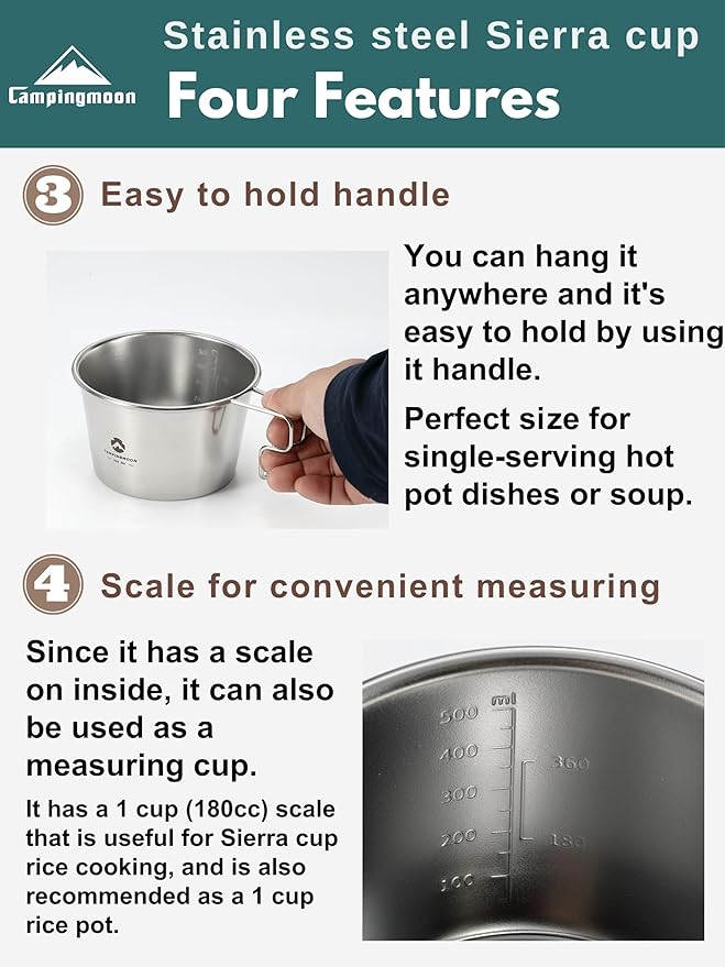 [Cookware] Campingmoon S369; Deep Sierra Cup 600ml Outdoor Camping Stainless Steel Sierra Cup Deep