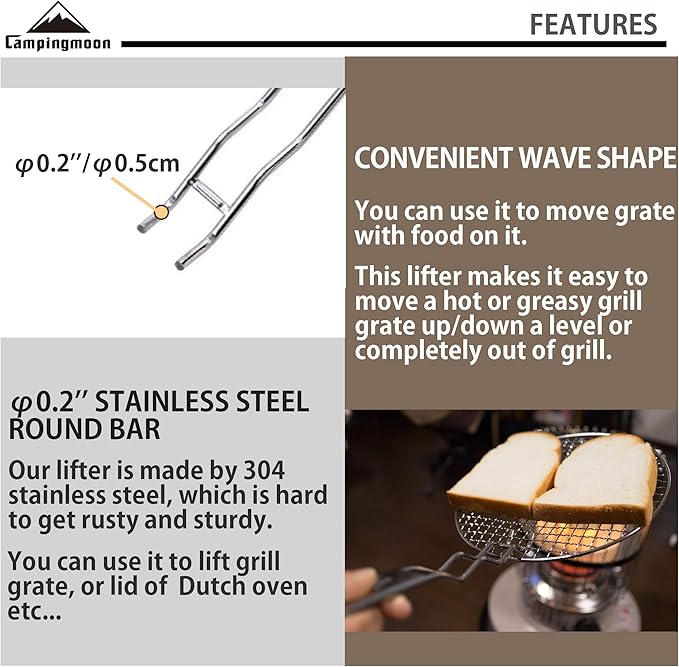 [Cookware Accessory] Campingmoon S200; 11 inch Anti-Scald Stainless Steel Barbecue Cooking Grill Grate Lifter
