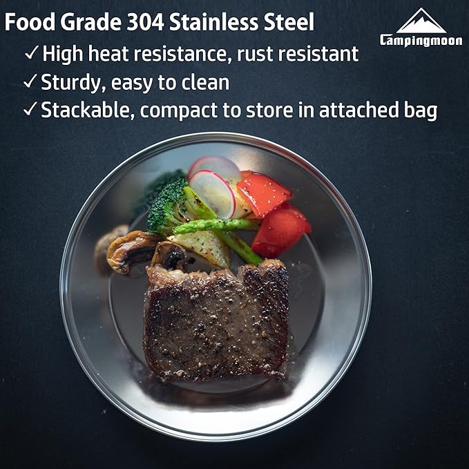 [Tableware] Campingmoon S395-1S; Stainless Steel Camping Plates Set, Dishwasher Safe