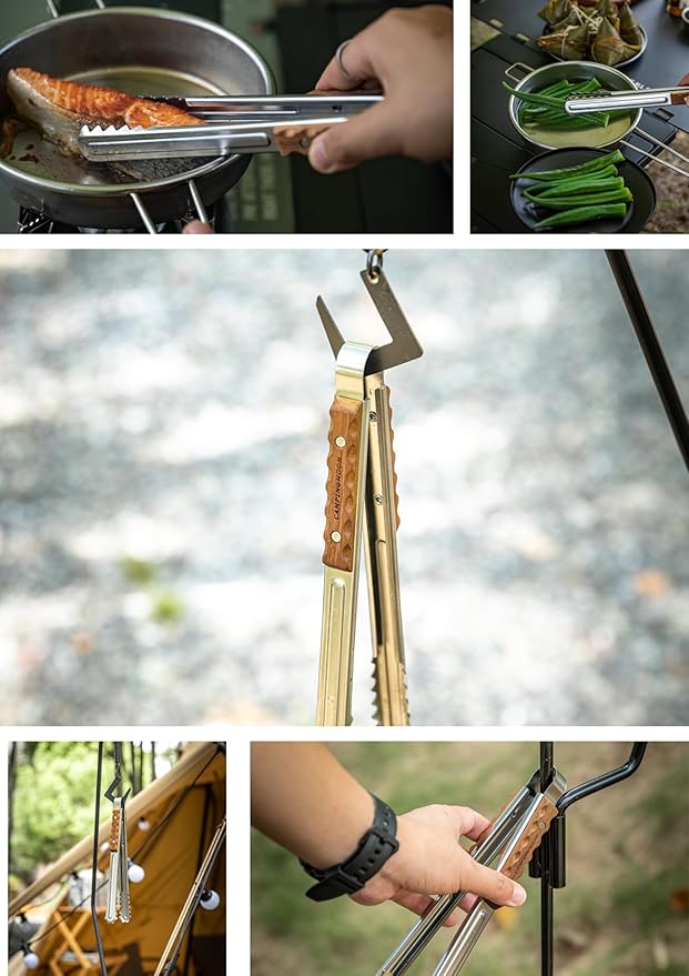 [Cookware Accessory] Campingmoon MS-40; Alligator Wood Clip Outdoor BBQ Grill Stainless Steel Tong Premium Teak Wood Heat Resistant Handle Camping Picnic Charcoal Grilling Equipment Utensil