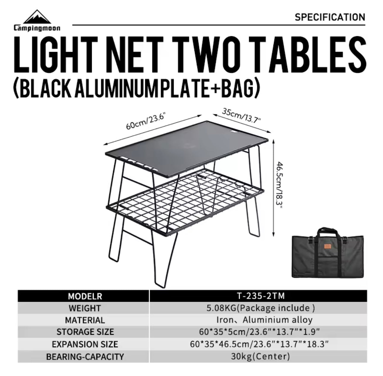 [Accessory] Campingmoon T-230-2TM; 2Pcs Outdoor Folding Multipurpose Storage Rack with Carrying Bag, Steel Plating Black