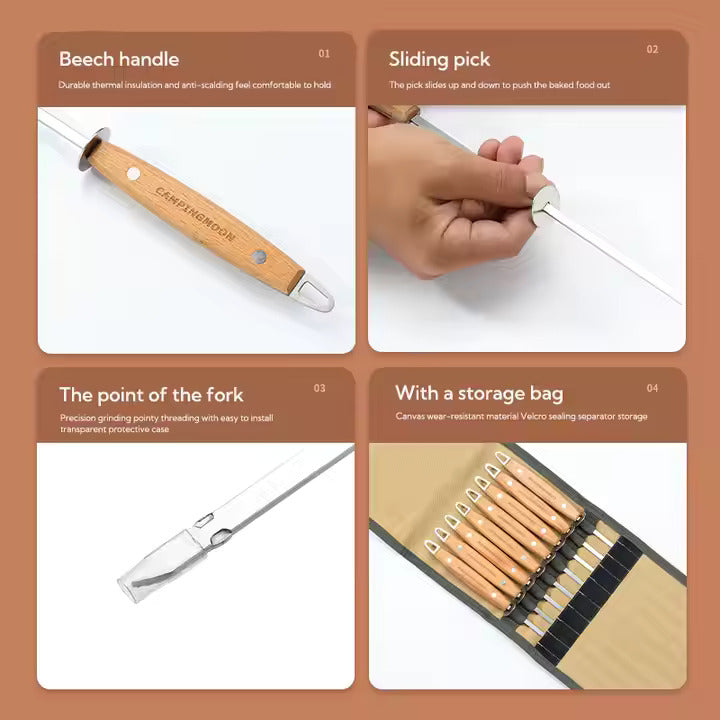 [Cookware Accessory] Campingmoon K480; Outdoor Camping Barbecue Storage Bag with 8 Wooden Handles and 304 Stainless Steel Barbecue Flat Skewers