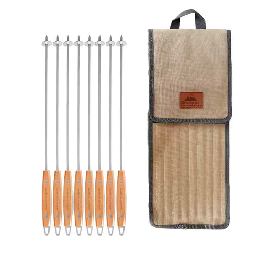 [Cookware Accessory] Campingmoon K480; Outdoor Camping Barbecue Storage Bag with 8 Wooden Handles and 304 Stainless Steel Barbecue Flat Skewers