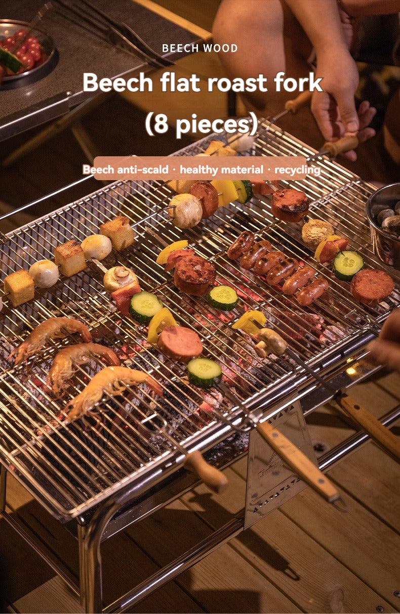 [Cookware Accessory] Campingmoon MK-8; 8pcs Set 13.8-inch Long Stainless Steel Double Prong BBQ Skewers with Wood Handle and Storage Bag