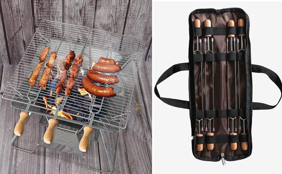 [Cookware Accessory] Campingmoon MK-8; 8pcs Set 13.8-inch Long Stainless Steel Double Prong BBQ Skewers with Wood Handle and Storage Bag