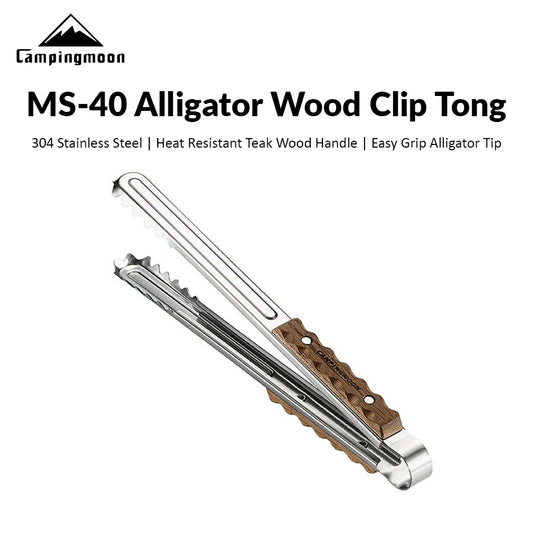 [Cookware Accessory] Campingmoon MS-40; Alligator Wood Clip Outdoor BBQ Grill Stainless Steel Tong Premium Teak Wood Heat Resistant Handle Camping Picnic Charcoal Grilling Equipment Utensil