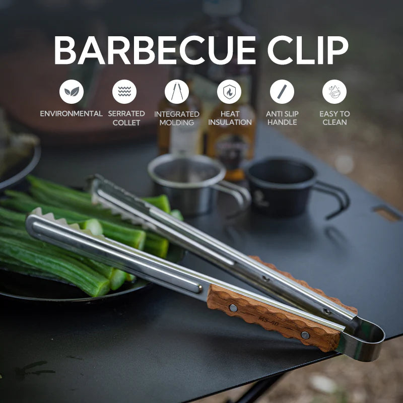 [Cookware Accessory] Campingmoon MS-40; Alligator Wood Clip Outdoor BBQ Grill Stainless Steel Tong Premium Teak Wood Heat Resistant Handle Camping Picnic Charcoal Grilling Equipment Utensil